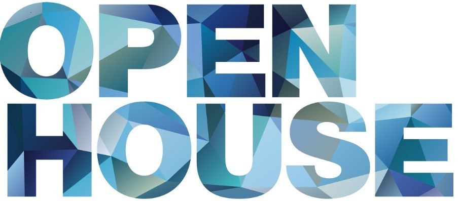 Open House Banner in mosaic shades of blue